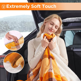 Heated Car Blanket with 3 Heating Levels 4 Hours Auto Off 12 Volt Electric Blanket for Car Truck SUV RV Machine Washable 59 x 43 (Orange Buffalo Plaid) - 0