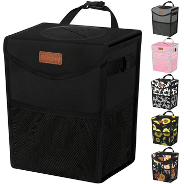 Car Trash Can with Lid Cute Leakproof Car Trash Garbage Bag Hanging Vehicle Trash Bin Small Portable Automotive Garbage Cans Organizer for Back/Front Seat/Console(Trapezoid Black)