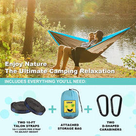 Camping Hammock Double & Single Portable Hammocks with 2 Tree Straps and Attached Carry Bag Great for Outdoor Indoor Beach Camping Light Grey / Sky Blue - 0