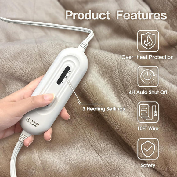 Electric Heated Blanket Throw Super Cozy Soft 2-Layer Flannel 50 x 60 Heated Throw with 3 Heating Levels & 4 Hours Auto Off Machine Washable ETL&FCC Certified Home Office Use Camel