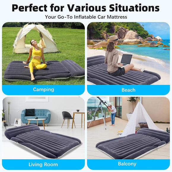SUV Air Mattress with 2 Pillows Thickened and Flocked Car Bed Portable Travel Pad for Camping & Road Trips Quick Inflate & Deflate with External Pump Blue-Black and Cool Gray