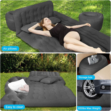 Car Bed SUV Air Mattress Car Air Mattress with Electric Pump 2 Inflatable Pillows and 2 Footrests for Back Seat Side Seat Trunk Sleeping Thickened Camping Bed - Black - 0