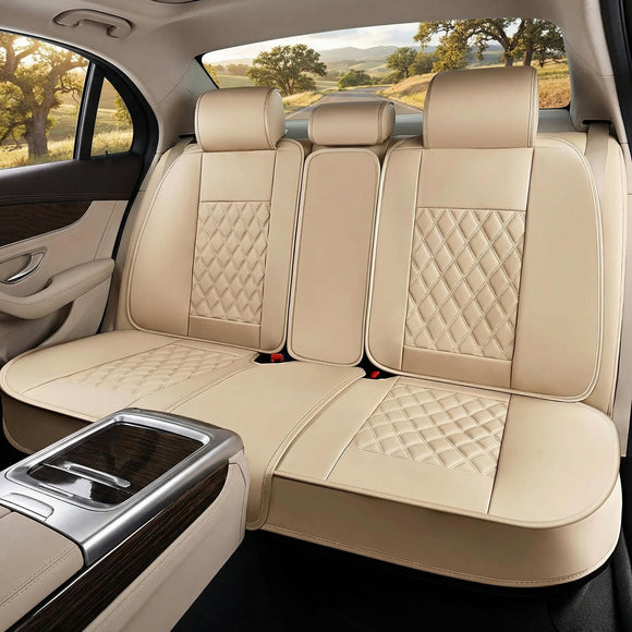 Beige Back Seat Cover Adjustable Leather Rear Seat Cover Car Back Seat Cover with Breathable Non-Slip Universal Fit for Most Cars Sedan SUV Pickup Truck (Back Row/Beige)
