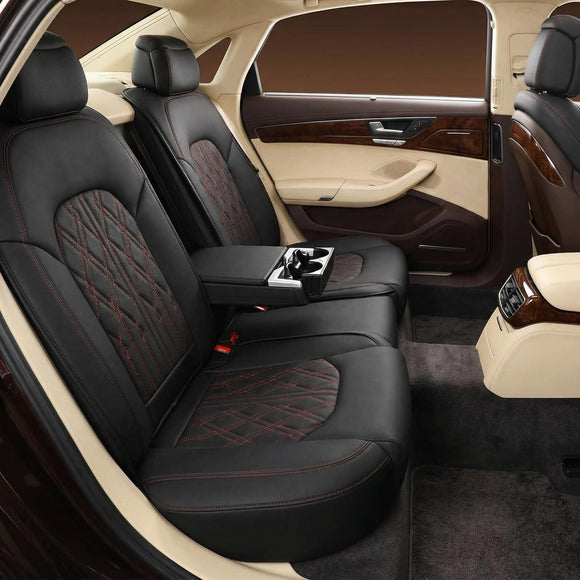 Leather Back Row Seat Covers Waterproof Rear Split Bench Car Seat Covers Vehicle Seat Cushion Cover Protector Universal Fit for Most Cars Sedan SUV Pickup Truck(Back Row/Black&Red)