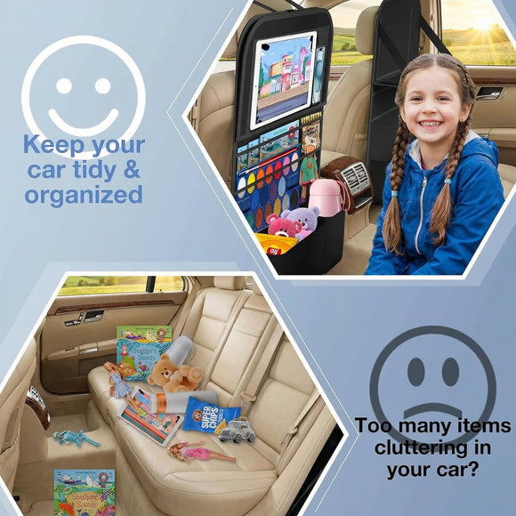 Car Backseat Organizer with Table Tray(2-Pack) 9 Storage Pockets Backseat Car Organizer and storage with Tablet Holder Kick Mats Back Seat Cover for Kids family Road Trip Essentials Travel