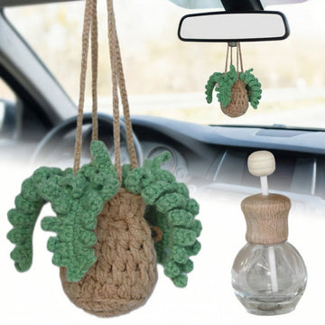 Handmade Crochet Hanging Car Air Freshener - Botanical Fern Leaf Design with 12ml Refillable Glass Essential Oil Bottle Long-Lasting Car Diffuser & Nature-Inspired Decor