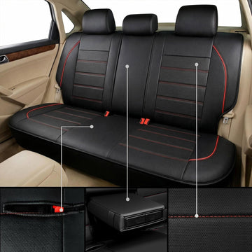 Leather Back Seat Cover Piping Waterproof Bench Seat Cover Rear Seat Cover Universal Fit for Cars Sedans SUVs Truck 95% Automotive Interior Backseat Car Covers (Rear Black and Red) - 0