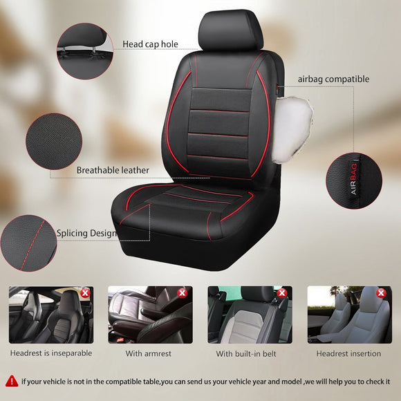 Universal FIT Piping Leather Car Seat Cover for suvs Van Trucks Airbag Compatible Inside Zipper Design and Reserved Opening Holes (Full Set Black and Red)