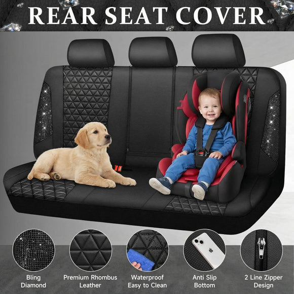 Bling Back Seat Cover Waterproof Leather Bench Rear Seat Cover Shining Diamond Truck Glitter Crystal Sparkly Rhinestone Universal Fit Armrest Automotive Kid Women Girl Black Diamond