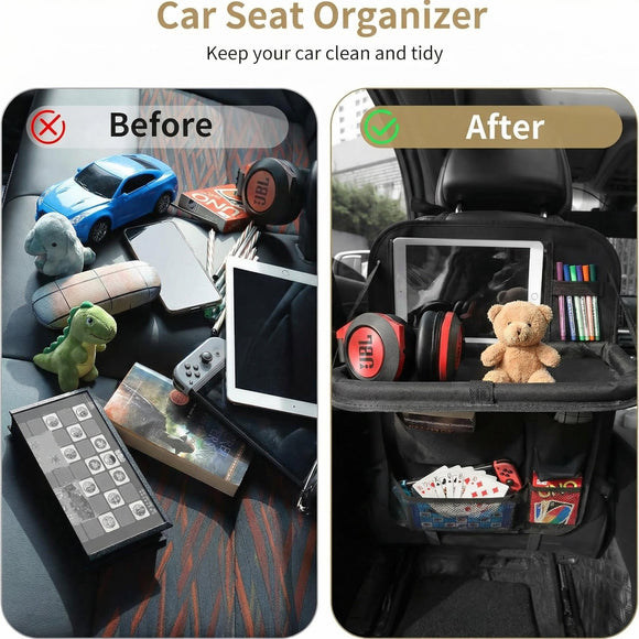 Car Backseat Organizer with Touch Screen Tablet Holder 9 Storage Pockets Storage Organizer Protectors Kick Mats Travel Accessories (Black 2 Pack with Food Tray)