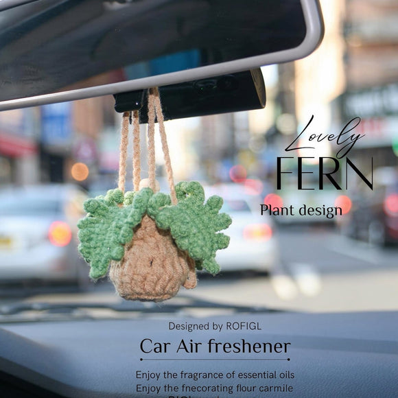 Handmade Crochet Car Air Freshener - Adorable Bendable Fern Plant with 8ml Empty Refillable Oil Diffuser Bottle Suitable for Car Rearview Mirror Hanging Home & Office Decor