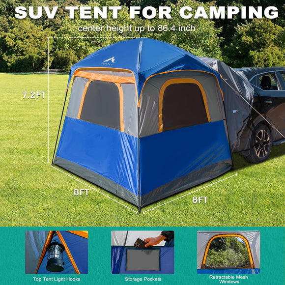SUV Tent for Camping Waterproof PU2000mm Fits 5-8 People Spacious Double Layer Design Includes Rainfly & Storage Bag 8FT L x 8FT W x 7.2FT H Blue