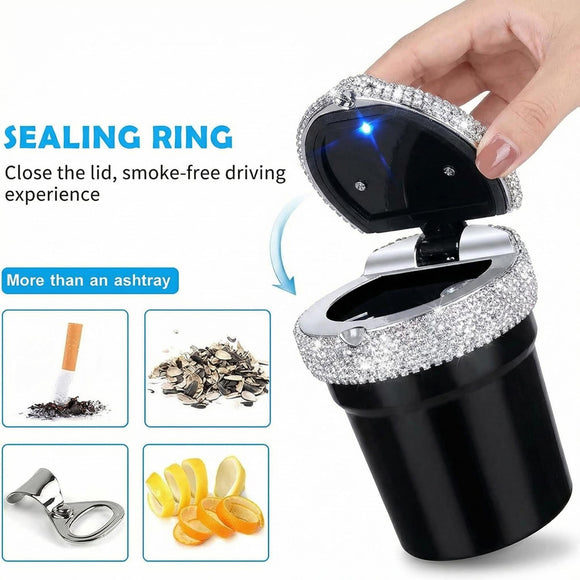 Car Ashtray Portable Bling Cigarette Smokeless Cylinder Cup Holder with Blue LED Light Indicator Car Accessories for Women Ideal for Car Home and Office 1 - Pack Black+White