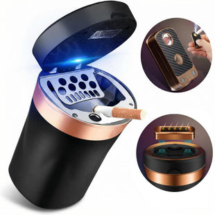 Car Ashtray Auto Ashtray Cigar Electronic Cigarette Lighter Detachable Solar Powered/USB Rechargeable with Lid Blue LED Light for Most Car Cup Holder Home Office (Black)