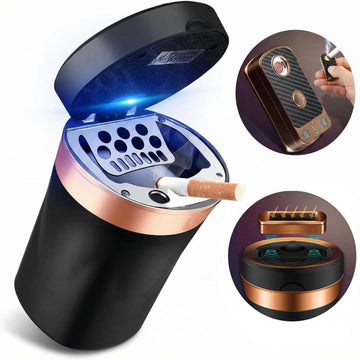 Car Ashtray Auto Ashtray Cigar Electronic Cigarette Lighter Detachable Solar Powered/USB Rechargeable with Lid Blue LED Light for Most Car Cup Holder Home Office (Black)