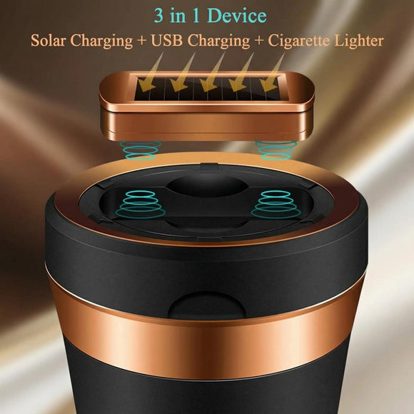 Car Ashtray Auto Ashtray Cigar Electronic Cigarette Lighter Detachable Solar Powered/USB Rechargeable with Lid Blue LED Light for Most Car Cup Holder Home Office (Black)
