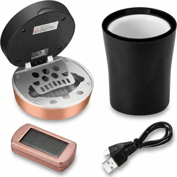 Car Ashtray Auto Ashtray Cigar Electronic Cigarette Lighter Detachable Solar Powered/USB Rechargeable with Lid Blue LED Light for Most Car Cup Holder Home Office (Black)