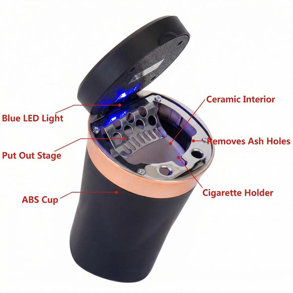 Car Ashtray Auto Ashtray Cigar Electronic Cigarette Lighter Detachable Solar Powered/USB Rechargeable with Lid Blue LED Light for Most Car Cup Holder Home Office (Black)