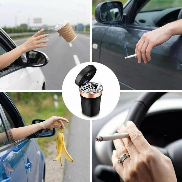 Car Ashtray Auto Ashtray Cigar Electronic Cigarette Lighter Detachable Solar Powered/USB Rechargeable with Lid Blue LED Light for Most Car Cup Holder Home Office (Black)
