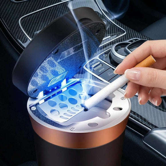 Car Ashtray Auto Ashtray Cigar Electronic Cigarette Lighter Detachable Solar Powered/USB Rechargeable with Lid Blue LED Light for Most Car Cup Holder Home Office (Black)