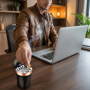Car Ashtray Auto Ashtray Cigar Electronic Cigarette Lighter Detachable Solar Powered/USB Rechargeable with Lid Blue LED Light for Most Car Cup Holder Home Office (Black)