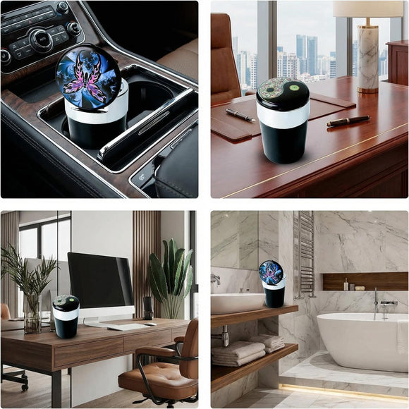 Car Trash Can with Lid and Blue LED Light Mini Auto Garbage Can Portable Leakproof Vehicle Trash Bin Trash Cup Smell Proof Can for Automotive Car Home Office Kitchen Dinning Room