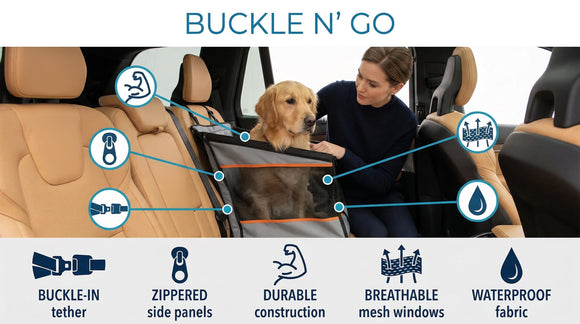 Buckle N Go Dog Car Seat for Large Dogs Waterproof Fabric Breathable Mesh Sides Adjustable Seat Belt Leash Carseat for Medium to Large Pets Car Seat Cover - 21 X 19 X 19in