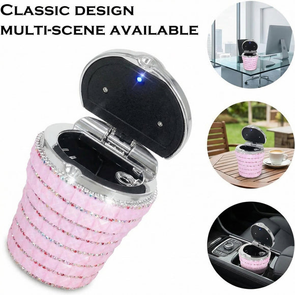 Car Ashtray with Bling Bling Diamond Auto Cigarette Odor Smoke Remover Cylinder Cup Holder With LED Lamp Pink