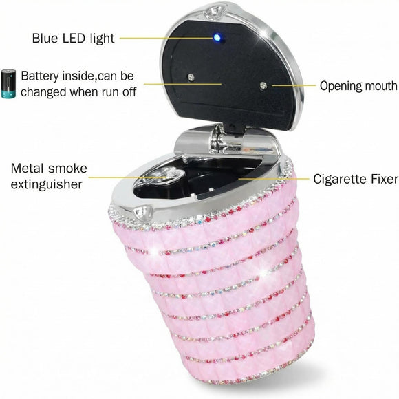 Car Ashtray with Bling Bling Diamond Auto Cigarette Odor Smoke Remover Cylinder Cup Holder With LED Lamp Pink