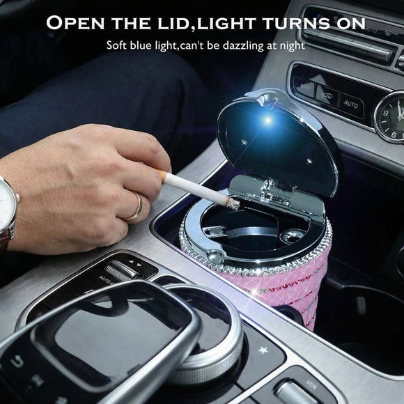 Car Ashtray with Bling Bling Diamond Auto Cigarette Odor Smoke Remover Cylinder Cup Holder With LED Lamp Pink