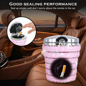 Car Ashtray with Bling Bling Diamond Auto Cigarette Odor Smoke Remover Cylinder Cup Holder With LED Lamp Pink - 0