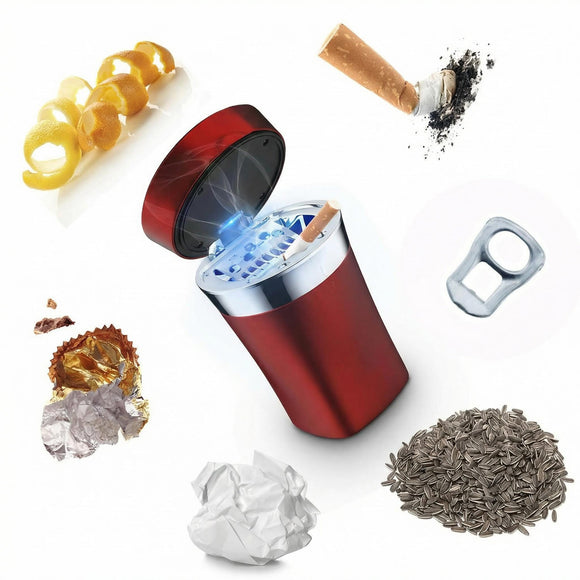 Car Ashtray Auto Ashtray Cigar Electronic Cigarette Lighter Detachable Solar Powered/USB Rechargeable with Lid Blue LED Light for Most Car Cup Holder Home Office (Red)