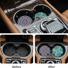 4 Pack 2.56 Car Coasters for Drinks Absorbent Mandala Ceramic Cup Holder Coaster for Your Car with Fingertip Grip Removable Cute Auto Accessories Keep Vehicle Clean for Women & Girls