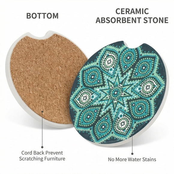 4 Pack 2.56 Car Coasters for Drinks Absorbent Mandala Ceramic Cup Holder Coaster for Your Car with Fingertip Grip Removable Cute Auto Accessories Keep Vehicle Clean for Women & Girls