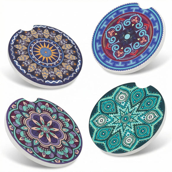 4 Pack 2.56 Car Coasters for Drinks Absorbent Mandala Ceramic Cup Holder Coaster for Your Car with Fingertip Grip Removable Cute Auto Accessories Keep Vehicle Clean for Women & Girls