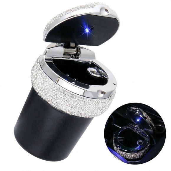 Bling Car Ashtray Bling Portable Cigarette Smokeless Cylinder Cup Holder with Blue LED Light Indicator Car Accessories for Women Ideal for Car Home and Office Black.