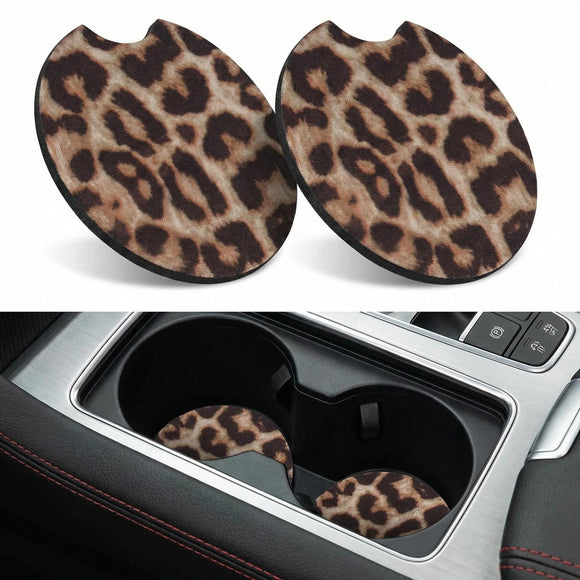 Car Cup Drink Holder Coaster 2 Pack Car Coasters for Cup Holders Cute Vehicle Accessories for Women and Girl (Leopard)