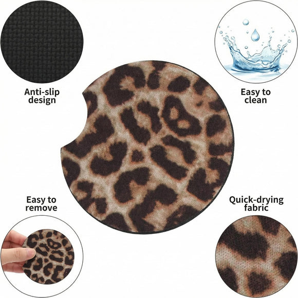 Car Cup Drink Holder Coaster 2 Pack Car Coasters for Cup Holders Cute Vehicle Accessories for Women and Girl (Leopard)