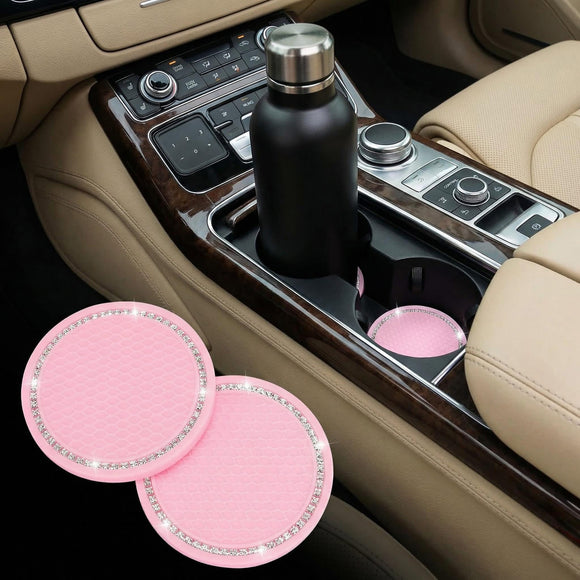 2 Pack Bling Cup Holder Insert Coasters 2.75 Inch Soft Crystal Rhinestone Rubber Pad Set Round Auto Drink Coaster Car Interior Accessories (Pink)