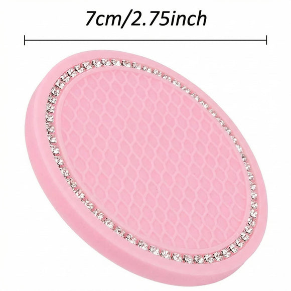 2 Pack Bling Cup Holder Insert Coasters 2.75 Inch Soft Crystal Rhinestone Rubber Pad Set Round Auto Drink Coaster Car Interior Accessories (Pink)