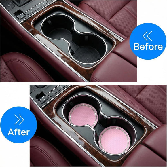 2 Pack Bling Cup Holder Insert Coasters 2.75 Inch Soft Crystal Rhinestone Rubber Pad Set Round Auto Drink Coaster Car Interior Accessories (Pink)