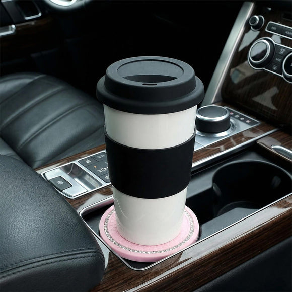 2 Pack Bling Cup Holder Insert Coasters 2.75 Inch Soft Crystal Rhinestone Rubber Pad Set Round Auto Drink Coaster Car Interior Accessories (Pink)