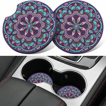 Car Cup Drink Holder Coaster 2 Pack Car Coasters for Cup Holders Cute Vehicle Accessories for Women and Girl (Mandala)