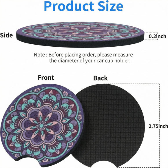 Car Cup Drink Holder Coaster 2 Pack Car Coasters for Cup Holders Cute Vehicle Accessories for Women and Girl (Mandala)