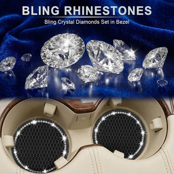 Car Cup Holder Coaster Insert 2 Pack Universal Auto Anti Slip Bling Crystal Rhinestone Car Interior Accessories-Black