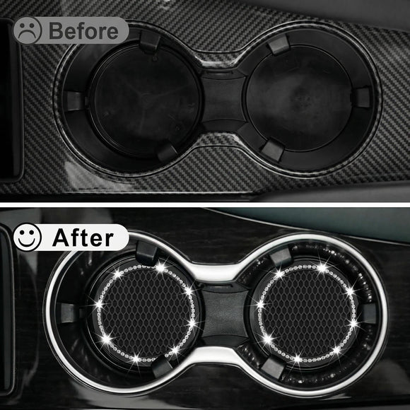 Car Cup Holder Coaster Insert 2 Pack Universal Auto Anti Slip Bling Crystal Rhinestone Car Interior Accessories-Black