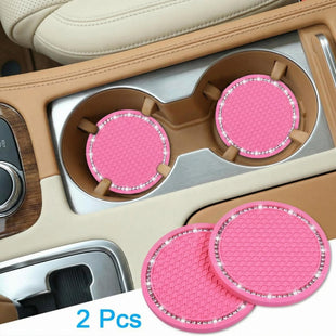 Bling Car Coasters 2 Pack PVC Car Cup Holder Insert Coaster - Anti Slip Universal Vehicle Interior Accessories Crystal Glitter Cup Mats for Women and Men (2.75 Diameter Pink)
