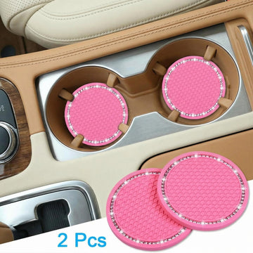 Bling Car Coasters 2 Pack PVC Car Cup Holder Insert Coaster - Anti Slip Universal Vehicle Interior Accessories Crystal Glitter Cup Mats for Women and Men (2.75 Diameter Pink)