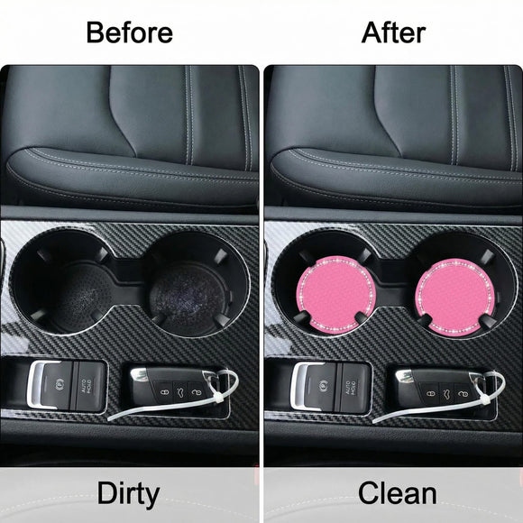 Bling Car Coasters 2 Pack PVC Car Cup Holder Insert Coaster - Anti Slip Universal Vehicle Interior Accessories Crystal Glitter Cup Mats for Women and Men (2.75 Diameter Pink)