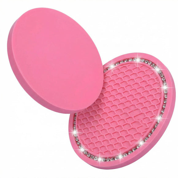 Bling Car Coasters 2 Pack PVC Car Cup Holder Insert Coaster - Anti Slip Universal Vehicle Interior Accessories Crystal Glitter Cup Mats for Women and Men (2.75 Diameter Pink)